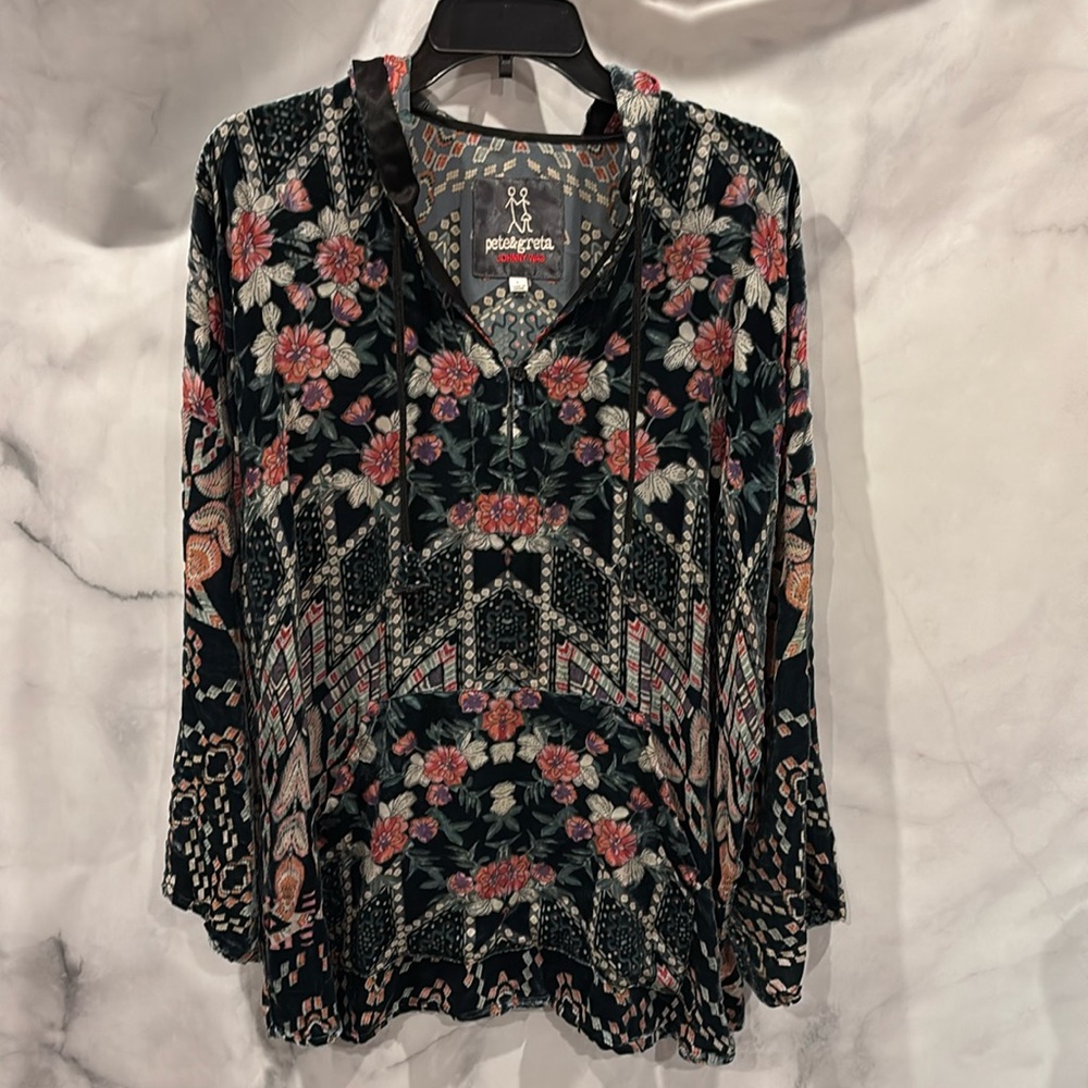 Johnny Was Pete & Greta sheer velvet hoodie.